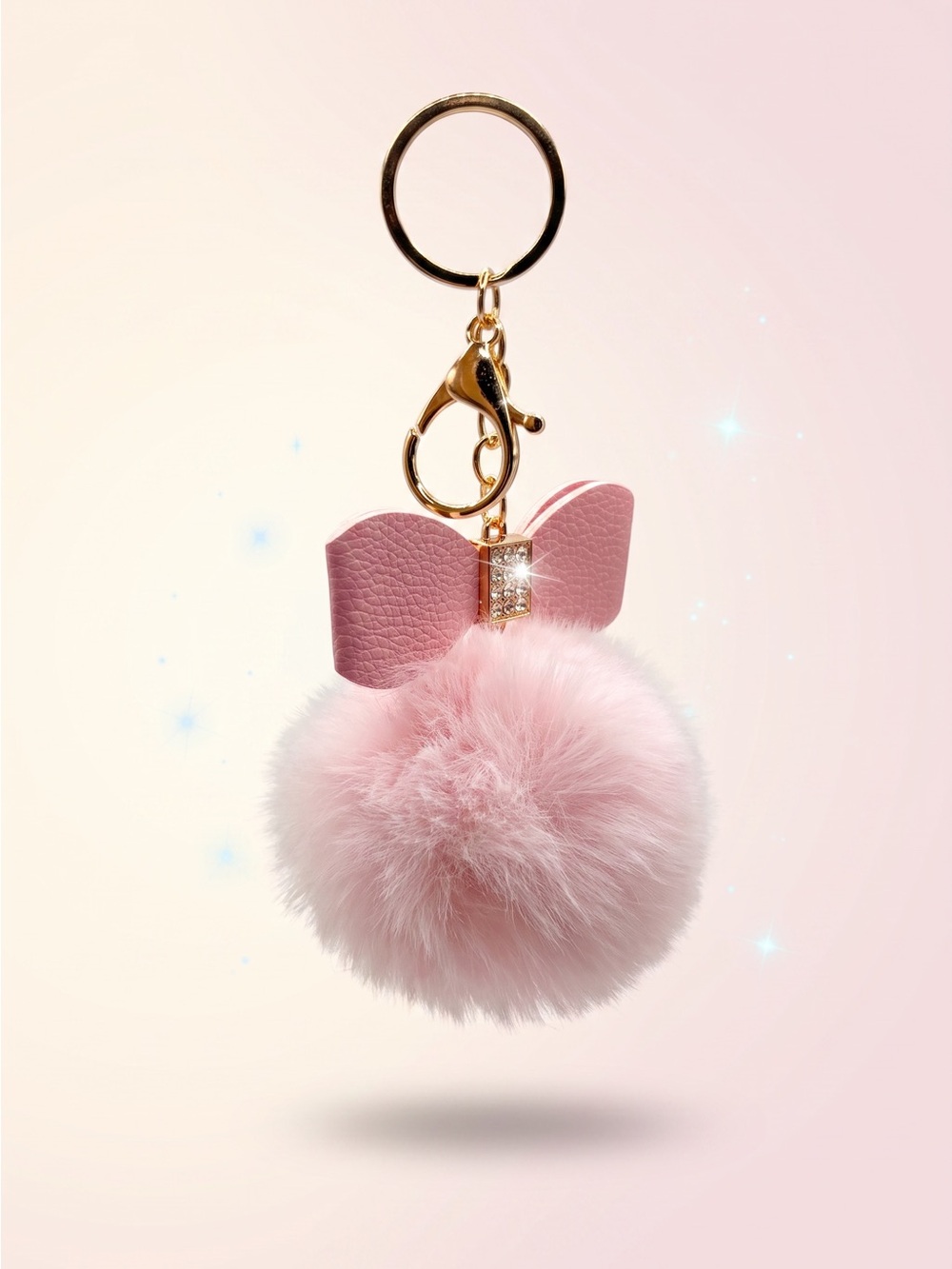 Pink Faux Fur Pom Pom Bow Keychain Bag Charm Gold Tone NWOT